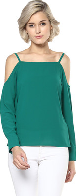 HARPA Casual Shoulder Strap Solid Women Green Top