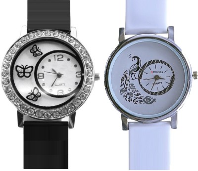 SPINOZA black diamond studded butterfly and white designer peacock Analog Watch  - For Girls   Watches  (SPINOZA)