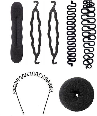 

Out Of Box Combo of 7 Hair Accessories 1 Round Donuts 3 Magic Donut volumizer 2 Design French Tool With Zigzag Hair Band Bun, Hair Band, Hair Accessory Set(Black)