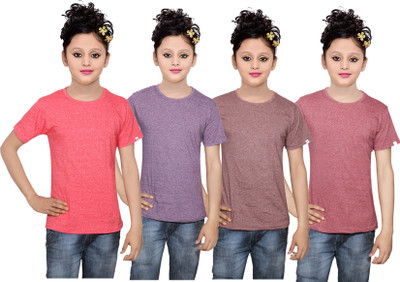 

IndiWeaves Girls Solid Cotton T Shirt(Multicolor, Pack of 4, Brown;purple;red