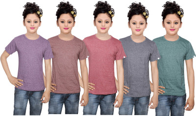 

IndiWeaves Girls Solid Cotton T Shirt(Multicolor, Pack of 5, Black;brown;green;purple