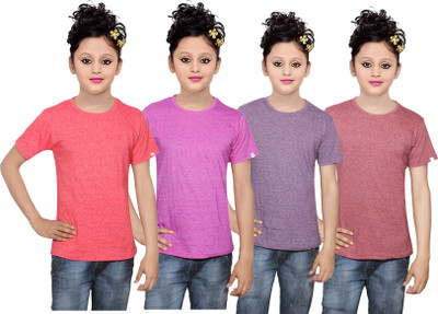 

IndiWeaves Girls Solid Cotton T Shirt(Multicolor, Pack of 4, Brown;pink;purple;red