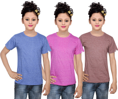 

IndiWeaves Girls Solid Cotton T Shirt(Multicolor, Pack of 3, Brown