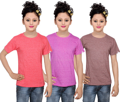 

IndiWeaves Girls Solid Cotton T Shirt(Multicolor, Pack of 3, Brown