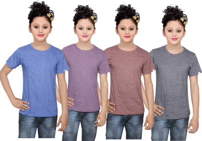

IndiWeaves Girls Solid Cotton T Shirt(Multicolor, Pack of 4, Black;blue;brown;purple