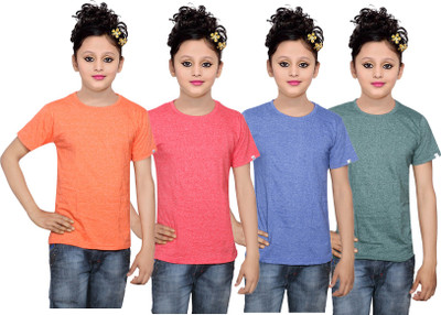 

IndiWeaves Girls Solid Cotton T Shirt(Multicolor, Pack of 4, Blue;green;orange;red