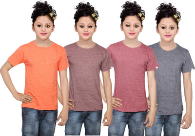 

IndiWeaves Girls Solid Cotton T Shirt(Multicolor, Pack of 4, Black;brown;orange
