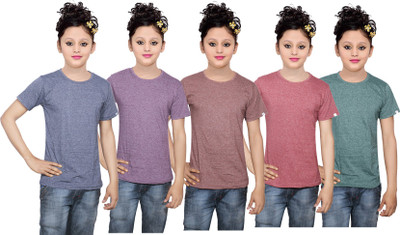 

IndiWeaves Girls Solid Cotton T Shirt(Multicolor, Pack of 5, Blue;brown;green;purple