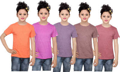 

IndiWeaves Girls Solid Cotton T Shirt(Multicolor, Pack of 5, Brown;orange;pink;purple