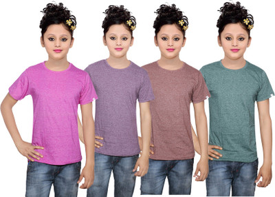 

IndiWeaves Girls Solid Cotton T Shirt(Multicolor, Pack of 4, Brown;green;pink;purple
