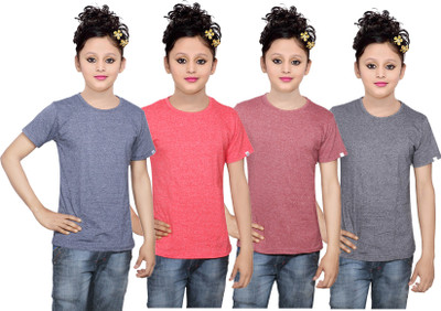 

IndiWeaves Girls Solid Cotton T Shirt(Multicolor, Pack of 4, Black;blue;brown;red