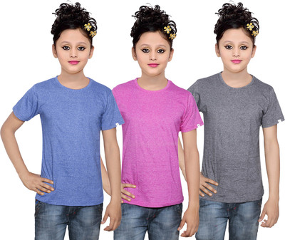 

IndiWeaves Girls Solid Cotton T Shirt(Multicolor, Pack of 3, Grey