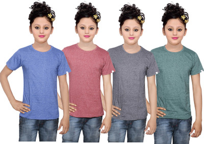

IndiWeaves Girls Solid Cotton T Shirt(Multicolor, Pack of 4, Black;blue;brown;green