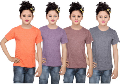 

IndiWeaves Girls Solid Cotton T Shirt(Multicolor, Pack of 4, Black;brown;orange;purple