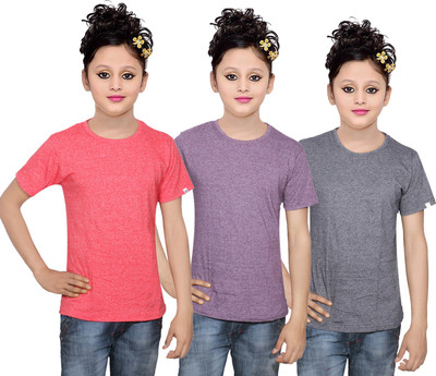 

IndiWeaves Girls Solid Cotton T Shirt(Multicolor, Pack of 3, Grey