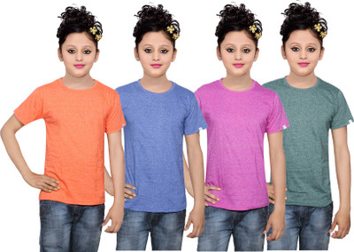

IndiWeaves Girls Solid Cotton T Shirt(Multicolor, Pack of 4, Blue;green;orange;pink