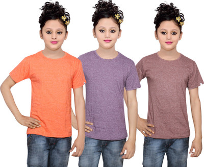 

IndiWeaves Girls Solid Cotton T Shirt(Multicolor, Pack of 3, Brown