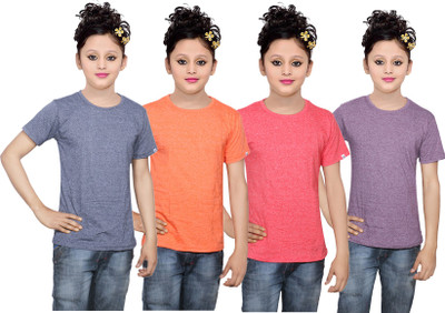 

IndiWeaves Girls Solid Cotton T Shirt(Multicolor, Pack of 4, Blue;orange;purple;red