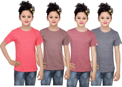

IndiWeaves Girls Solid Cotton T Shirt(Multicolor, Pack of 4, Black;brown;red