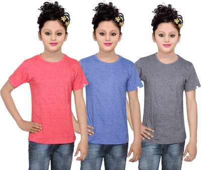

IndiWeaves Girls Solid Cotton T Shirt(Multicolor, Pack of 3, Grey