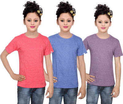 

IndiWeaves Girls Solid Cotton T Shirt(Multicolor, Pack of 3, Purple