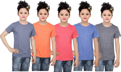 

IndiWeaves Girls Solid Cotton T Shirt(Multicolor, Pack of 5, Black;blue;orange;red