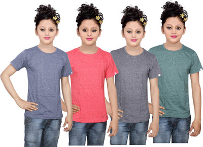 

IndiWeaves Girls Solid Cotton T Shirt(Multicolor, Pack of 4, Black;blue;green;red