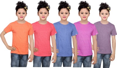 

IndiWeaves Girls Solid Cotton T Shirt(Multicolor, Pack of 5, Blue;orange;pink;purple;red