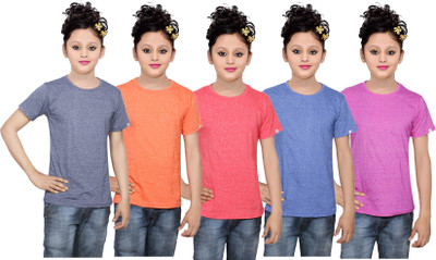 

IndiWeaves Girls Solid Cotton T Shirt(Multicolor, Pack of 5, Blue;orange;pink;red