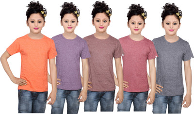

IndiWeaves Girls Solid Cotton T Shirt(Multicolor, Pack of 5, Black;brown;orange;purple