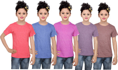 

IndiWeaves Girls Solid Cotton T Shirt(Multicolor, Pack of 5, Blue;brown;pink;purple;red