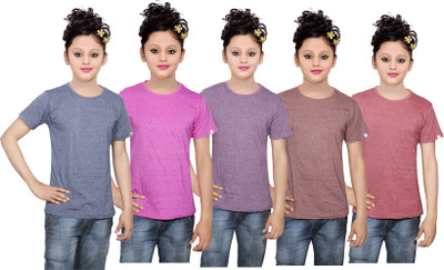 

IndiWeaves Girls Solid Cotton T Shirt(Multicolor, Pack of 5, Blue;brown;pink;purple