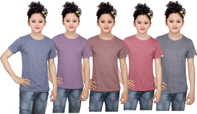 

IndiWeaves Girls Solid Cotton T Shirt(Multicolor, Pack of 5, Black;blue;brown;purple