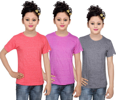 

IndiWeaves Girls Solid Cotton T Shirt(Multicolor, Pack of 3, Grey