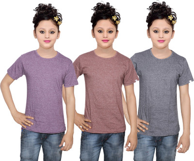 

IndiWeaves Girls Solid Cotton T Shirt(Multicolor, Pack of 3, Grey