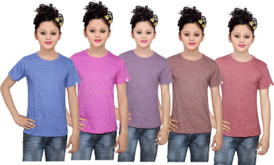 

IndiWeaves Girls Solid Cotton T Shirt(Multicolor, Pack of 5, Blue;brown;pink;purple