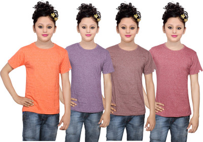 

IndiWeaves Girls Solid Cotton T Shirt(Multicolor, Pack of 4, Brown;orange;purple