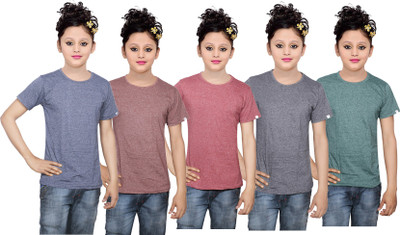 

IndiWeaves Girls Solid Cotton T Shirt(Multicolor, Pack of 5, Black;blue;brown;green