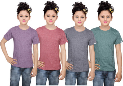 

IndiWeaves Girls Solid Cotton T Shirt(Multicolor, Pack of 4, Black;brown;green;purple