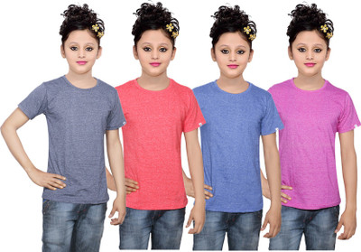 

IndiWeaves Girls Solid Cotton T Shirt(Multicolor, Pack of 4, Blue;pink;red