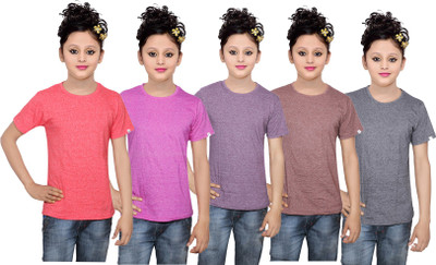 

IndiWeaves Girls Solid Cotton T Shirt(Multicolor, Pack of 5, Black;brown;pink;purple;red