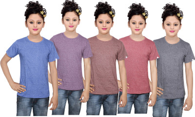 

IndiWeaves Girls Solid Cotton T Shirt(Multicolor, Pack of 5, Black;blue;brown;purple