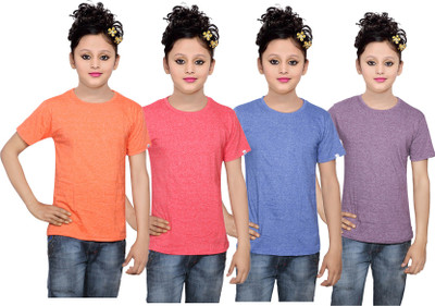 

IndiWeaves Girls Solid Cotton T Shirt(Multicolor, Pack of 4, Blue;orange;purple;red