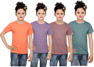 

IndiWeaves Girls Solid Cotton T Shirt(Multicolor, Pack of 4, Brown;green;orange;purple