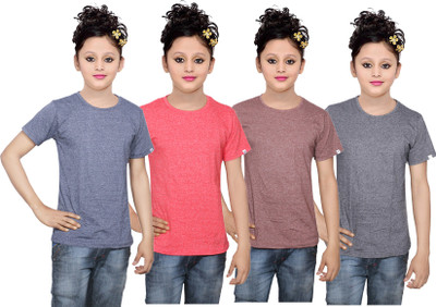 

IndiWeaves Girls Solid Cotton T Shirt(Multicolor, Pack of 4, Black;blue;brown;red