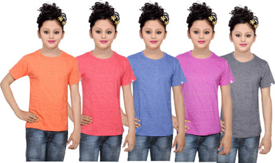 

IndiWeaves Girls Solid Cotton T Shirt(Multicolor, Pack of 5, Black;blue;orange;pink;red