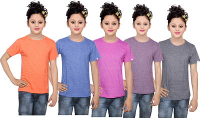 

IndiWeaves Girls Solid Cotton T Shirt(Multicolor, Pack of 5, Black;blue;orange;pink;purple