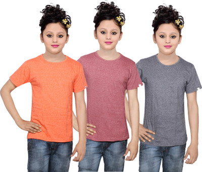 

IndiWeaves Girls Solid Cotton T Shirt(Multicolor, Pack of 3, Grey