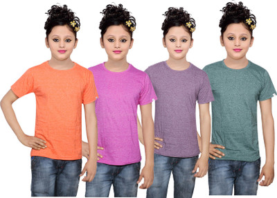 

IndiWeaves Girls Solid Cotton T Shirt(Multicolor, Pack of 4, Green;orange;pink;purple