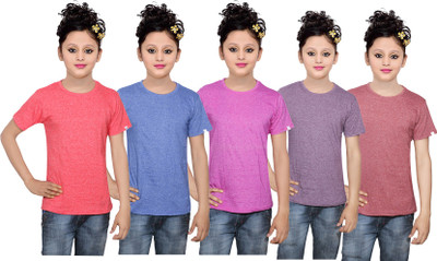 

IndiWeaves Girls Solid Cotton T Shirt(Multicolor, Pack of 5, Blue;brown;pink;purple;red